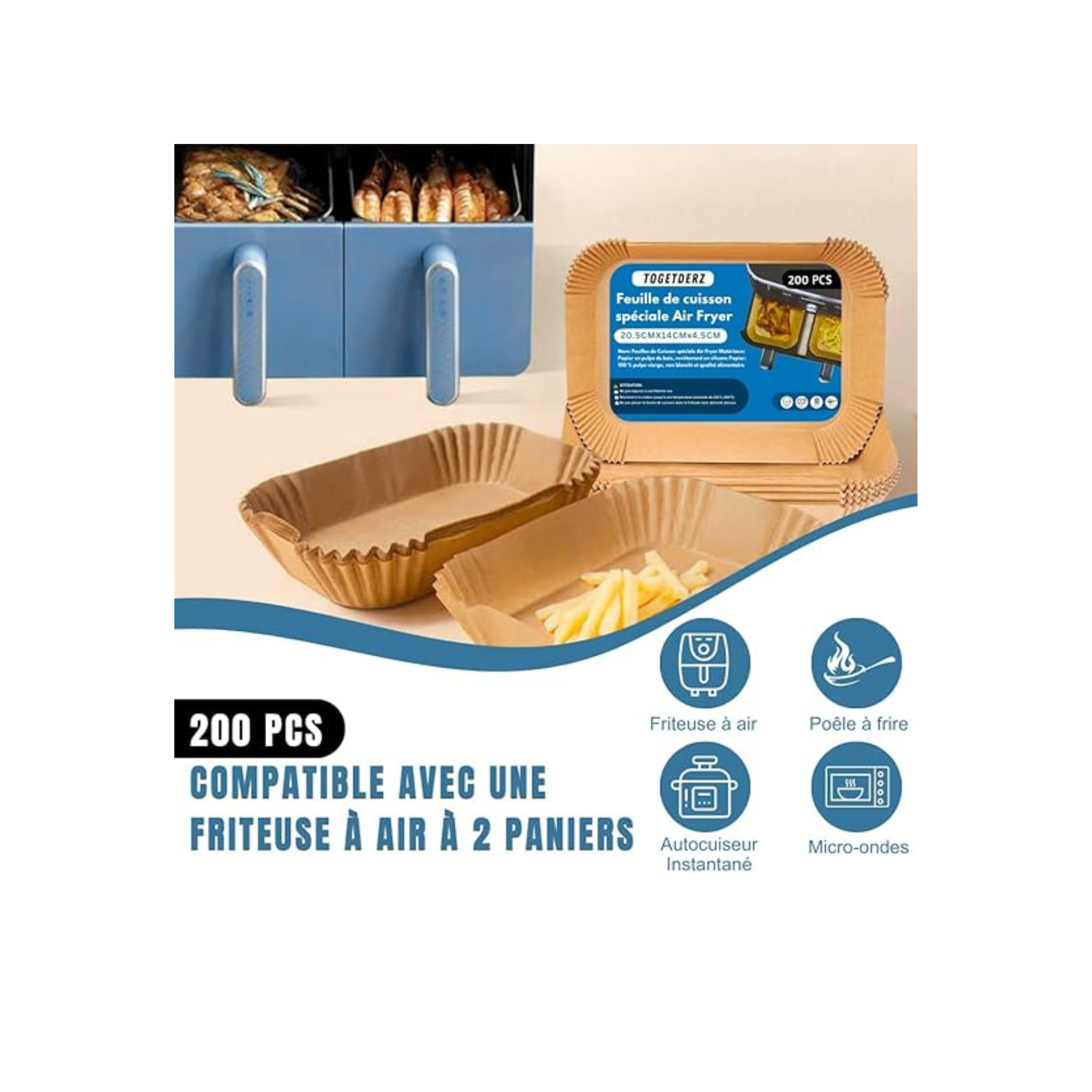 TOGETDERZ 200PCS Feuilles de Cuisson Jetables pour Friteuse à Air, 8x5.5'' Papier Sulfurisé Rectangulaire Anti-Adhésif, Résistant à l'Huile, Compatible avec Ninja DZ201, DZ401, FG551, PowerXL, Instant