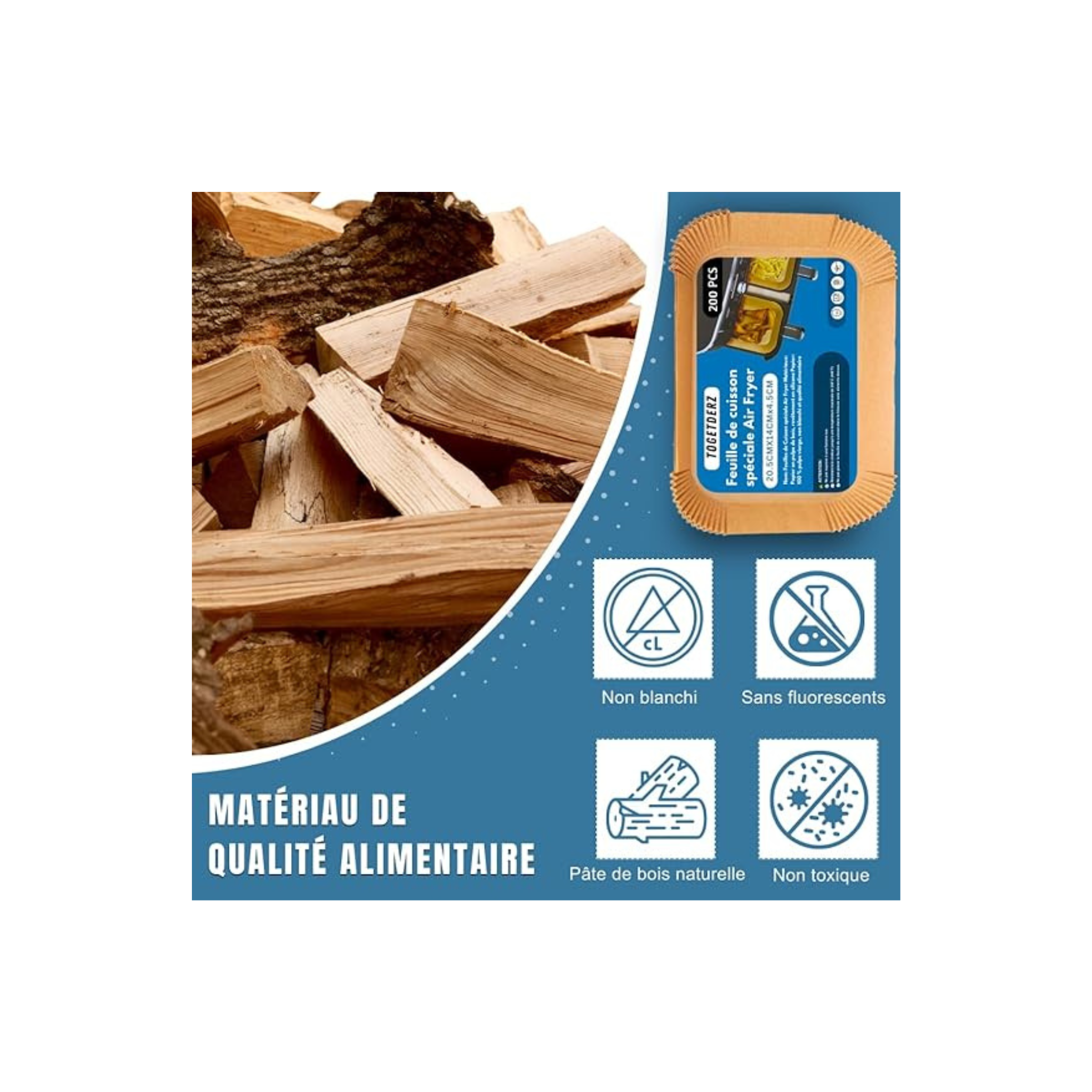 TOGETDERZ 200PCS Feuilles de Cuisson Jetables pour Friteuse à Air, 8x5.5'' Papier Sulfurisé Rectangulaire Anti-Adhésif, Résistant à l'Huile, Compatible avec Ninja DZ201, DZ401, FG551, PowerXL, Instant