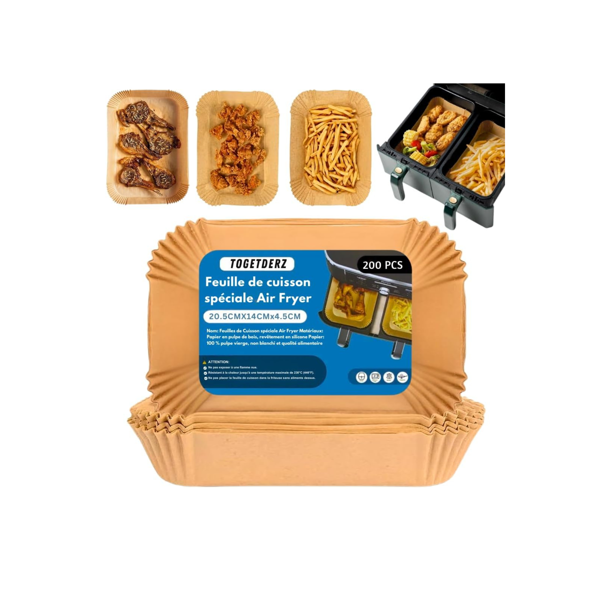 TOGETDERZ 200PCS Feuilles de Cuisson Jetables pour Friteuse à Air, 8x5.5'' Papier Sulfurisé Rectangulaire Anti-Adhésif, Résistant à l'Huile, Compatible avec Ninja DZ201, DZ401, FG551, PowerXL, Instant
